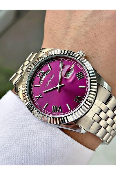 Weluxa Silver Color Purple Dial Calendar Steel Cord Men's Wrist Watch