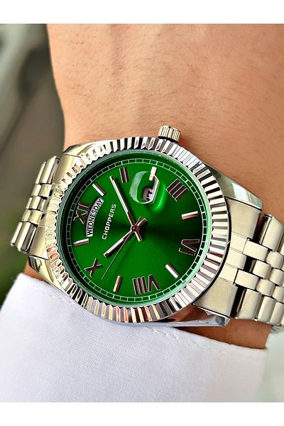 Weluxa Silver Color Green Dial Calendar Steel Band Men's Wrist Watch