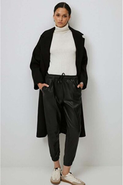 Touche Beli Büzgülü Deri Pantolon Siyah