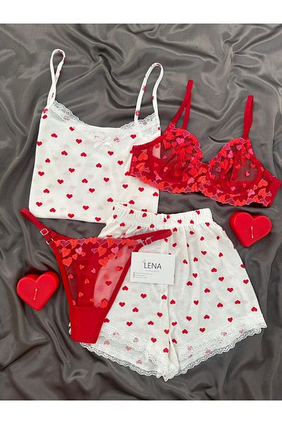 Lena Homewears Women's Red Love Underwear Heart Shorts Pajama Set