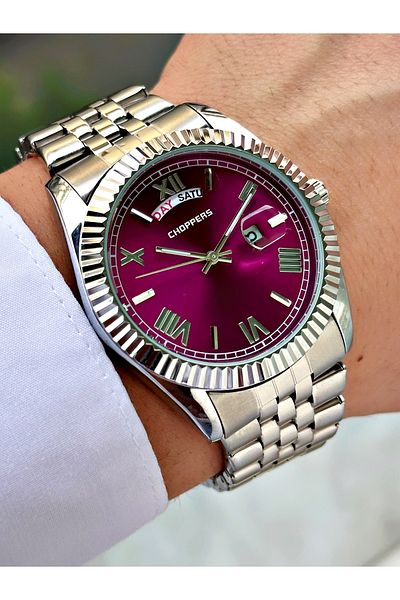 Weluxa Silver Color Purple Dial Calendar Steel Cord Men's Wrist Watch
