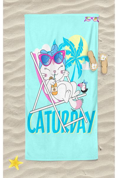 Erays Home Cute Cat Day Caturday Digital Printed Beach Towel Women's Beach Towel Sea Towel