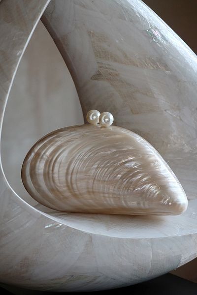 Moom Bag Γυναικεία τσάντα ώμου με ακρυλική αλυσίδα με μύδι σε μπεζ χρώμα