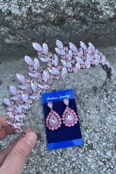 Hobigram Regina Pink Bridal Henna Crown Special Occasion Accessory Women's Crown and Drop Shuttle Earrings Set