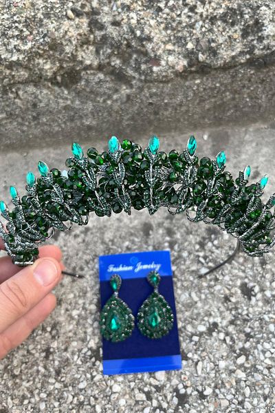 Hobigram Salome Green Bridal Henna Crown Special Occasion Accessory Women's Crown and Drop Shuttle Earrings Set