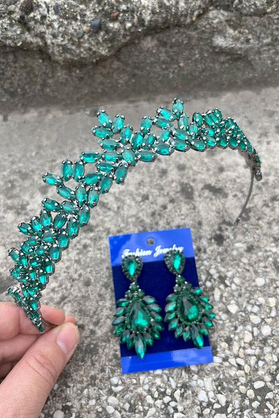 Hobigram Silvana Green Bridal Henna Crown Special Occasion Accessory Women's Crown and Wide Shuttle Earrings Set