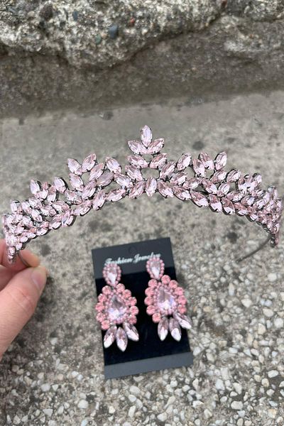 Hobigram Silvana Pink Bridal Henna Crown Special Occasion Accessory Women's Crown and Three Shuttle Earrings Set