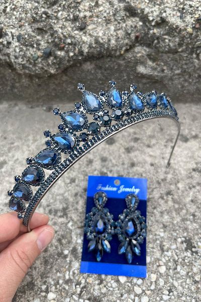 Hobigram Renata Navy Blue Bridal Henna Crown Special Occasion Accessory Women's Crown and Three Shuttle Earrings Set