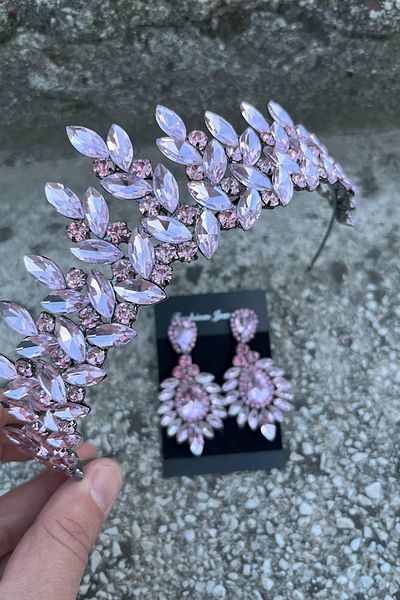 Hobigram Regina Pink Bridal Henna Crown Special Occasion Accessory Women's Crown and Wide Shuttle Earrings Set