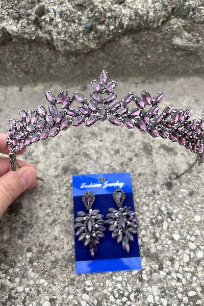 Hobigram Silvana Purple Bridal Henna Crown Special Occasion Accessory Women's Crown and Thin Shuttle Earring Set