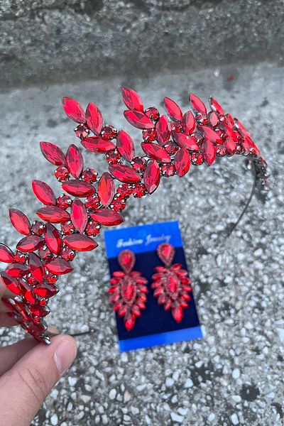 Hobigram مجموعة تاج الزفاف الأحمر من ريجينا هينا للمناسبات الخاصة، مجموعة تاج نسائي وأقراط رفيعة