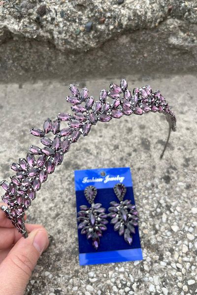 Hobigram Silvana Purple Bridal Henna Crown Special Occasion Accessory Women's Crown and Thin Shuttle Earring Set