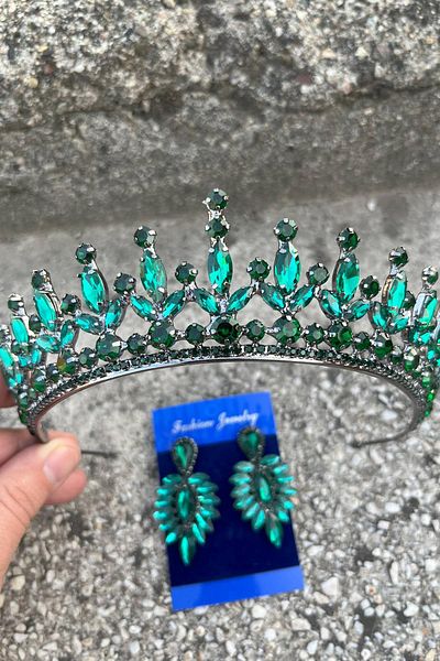 Hobigram Ivanna Green Bridal Henna Crown Special Occasion Accessory Women's Crown and Thin Shuttle Earring Set