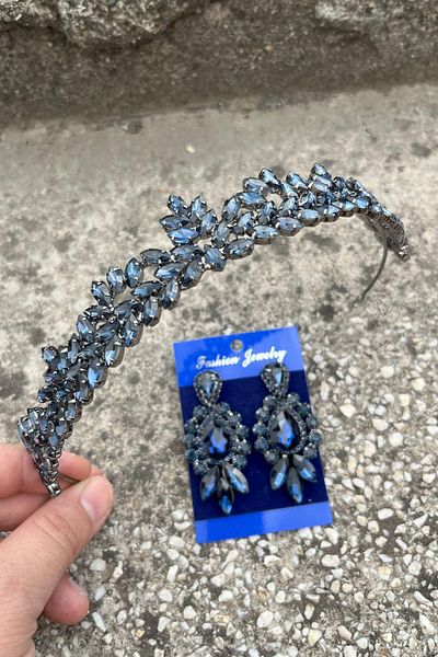 Hobigram Silvana Navy Blue Bridal Henna Crown Special Occasion Accessory Women's Crown and Three Shuttle Earrings Set