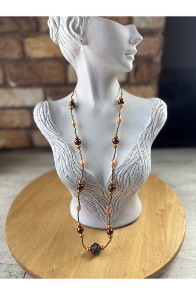 SEDEF TAKI Bronz kahve incili Vintage kolye