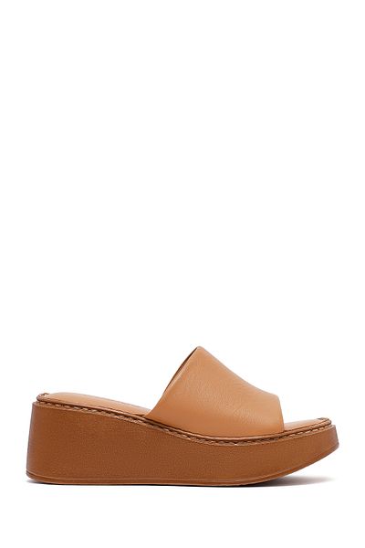 Derimod Women's Tan Thick Soled Leather Comfort Slippers 25Sfd341418