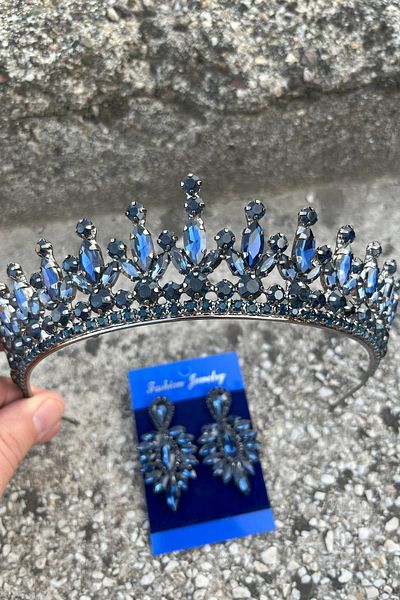 Hobigram Ivanna Navy Blue Bridal Henna Crown Special Day Accessory Women's Crown and Thin Shuttle Earring Set