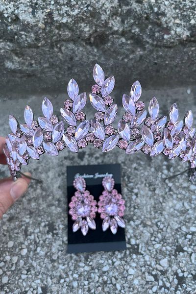 Hobigram Regina Pink Bridal Henna Crown Special Occasion Accessory Women's Crown and Three Shuttle Earrings Set