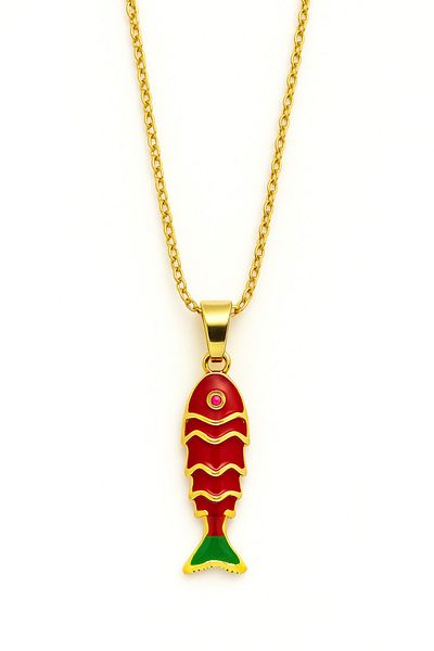 MakeWell Fish Design Gold Plated Turquoise White Red Stainless Steel Necklace