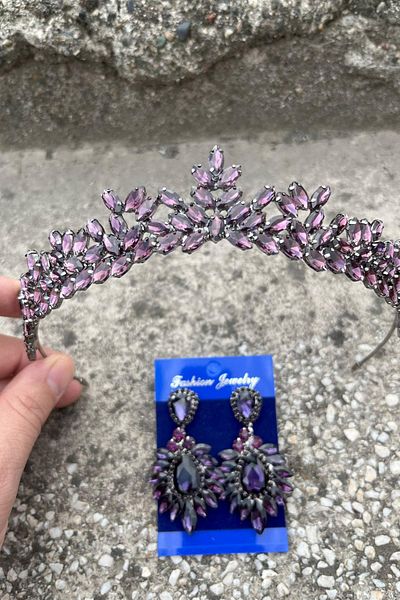 Hobigram Silvana Purple Bridal Henna Crown Special Occasion Accessory Women's Crown and Wide Shuttle Earring Set