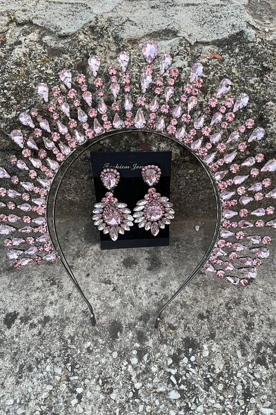 Hobigram Michaelle Pink Bridal Henna Crown Special Occasion Accessory Women's Crown and Wide Shuttle Earrings Set