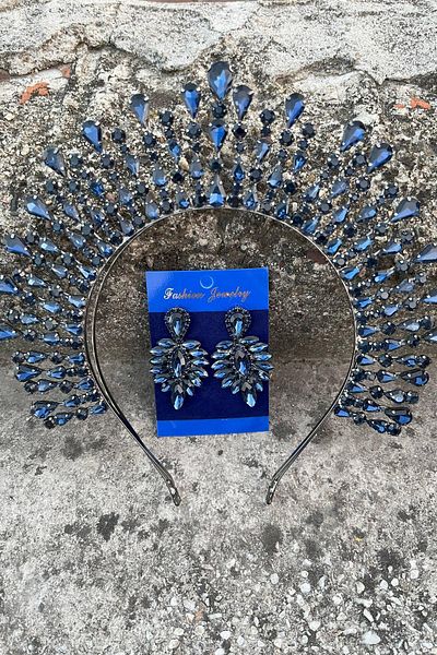 Hobigram Michaelle Navy Blue Bridal Henna Crown Special Occasion Accessory Women's Crown and Thin Shuttle Earring Set