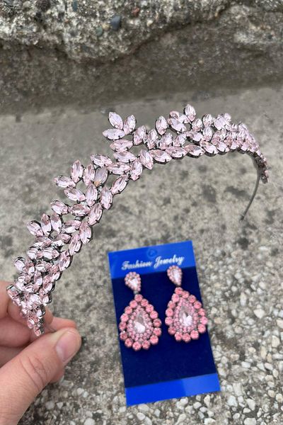 Hobigram Silvana Pink Bridal Henna Crown Special Occasion Accessory Women's Crown and Drop Shuttle Earrings Set