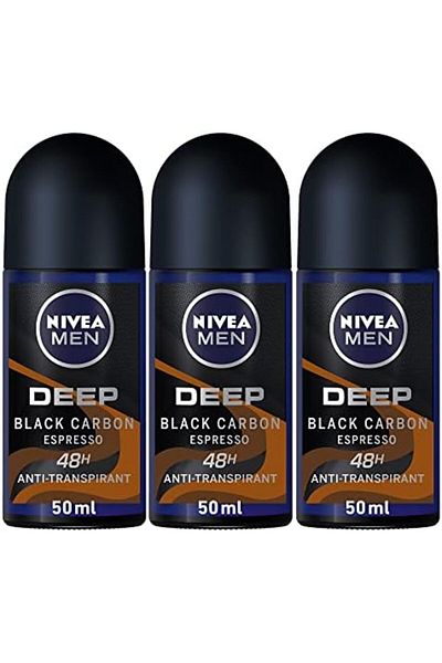 NIVEA Men Deep Black Carbon Espresso Deodorant Roll-On - Antibacterial, Espresso Scent, 48 Hour Prot