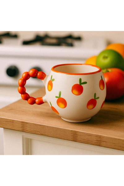 SırART Pearl Handle Orange Patterned Special Engraved Hand-Embroidered Ceramic Mug