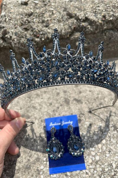 Hobigram Victoria Navy Blue Bridal Henna Crown Special Day Accessory Women's Crown and Drop Shuttle Earring Set