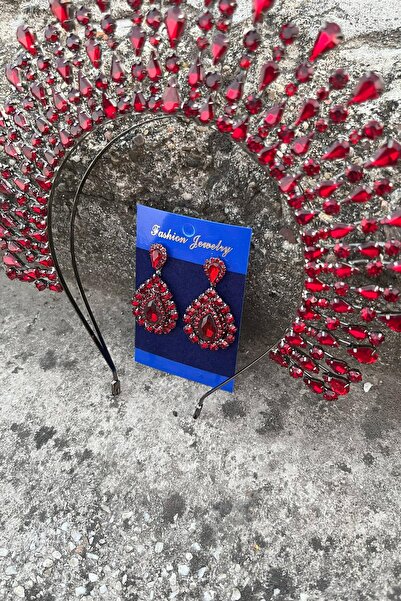 Hobigram Michaelle Burgundy Bridal Henna Crown Special Occasion Accessory Women's Crown and Drop Shuttle Earring Set