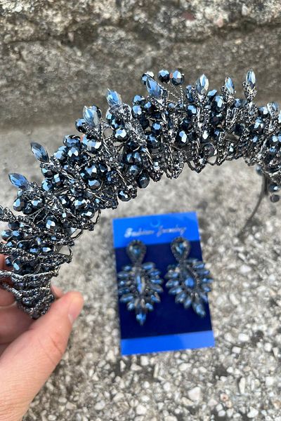 Hobigram Salome Navy Blue Bridal Henna Crown Special Occasion Accessory Women's Crown and Thin Shuttle Earring Set