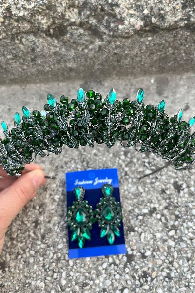 Hobigram Salome Green Bridal Henna Crown Special Occasion Accessory Women's Crown and Three Shuttle Earrings Set