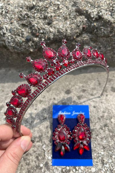Hobigram Renata Burgundy Bridal Henna Crown Special Occasion Accessory Women's Crown and Three Shuttle Earrings Set