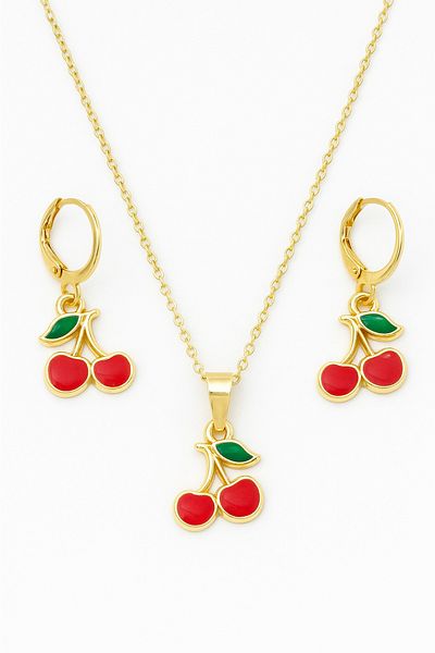 MakeWell Gold Colored Necklace and Earring Set with Cherry Design