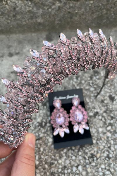 Hobigram Salome Pink Bridal Henna Crown Special Occasion Accessory Women's Crown and Three Shuttle Earrings Set