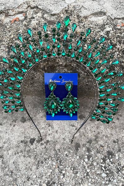 Hobigram Michaelle Green Bridal Henna Crown Special Occasion Accessory Women's Crown and Wide Shuttle Earrings Set