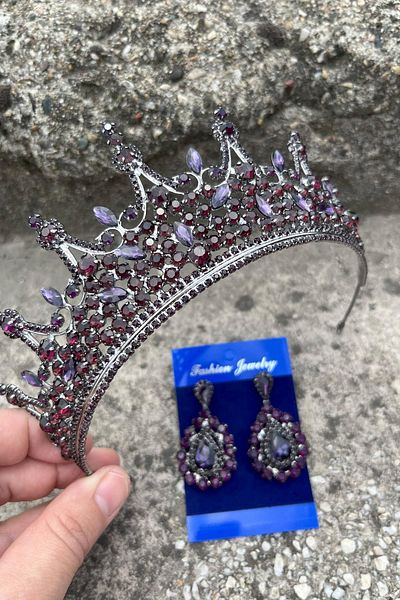 Hobigram Victoria Purple Bridal Henna Crown Special Occasion Accessory Women's Crown and Drop Shuttle Earrings Set