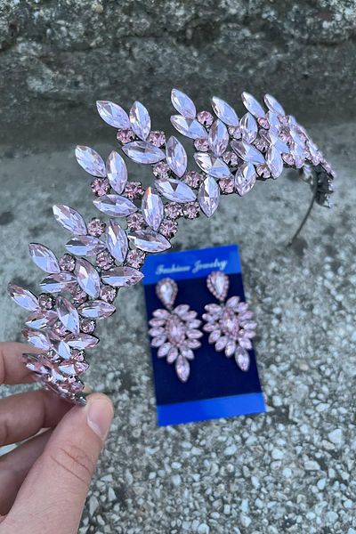 Hobigram Regina Pink Bridal Henna Crown Special Occasion Accessory Women's Crown and Thin Shuttle Earring Set