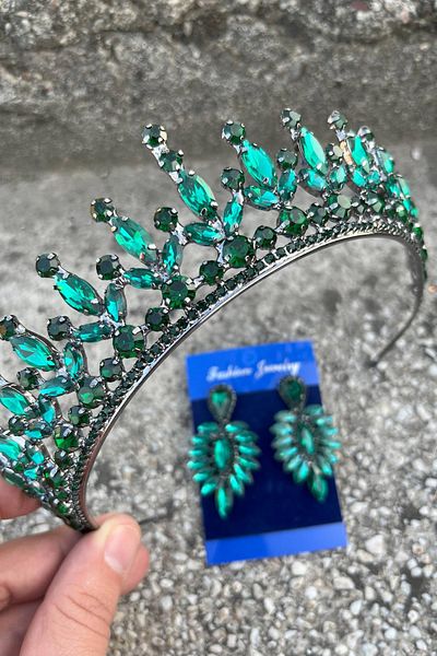 Hobigram Ivanna Green Bridal Henna Crown Special Occasion Accessory Women's Crown and Thin Shuttle Earring Set