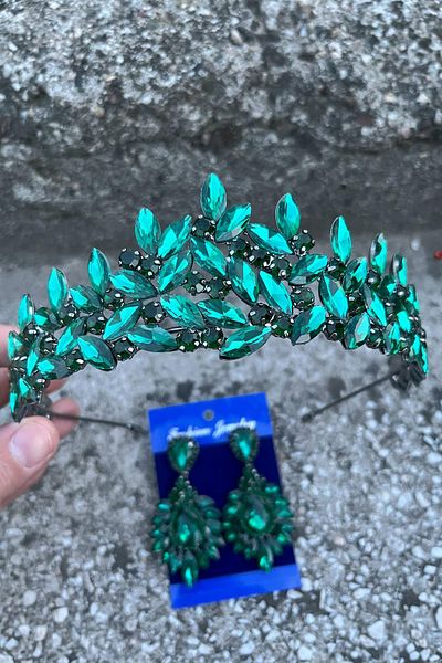 Hobigram Regina Green Bridal Henna Crown Special Occasion Accessory Women's Crown and Wide Shuttle Earrings Set