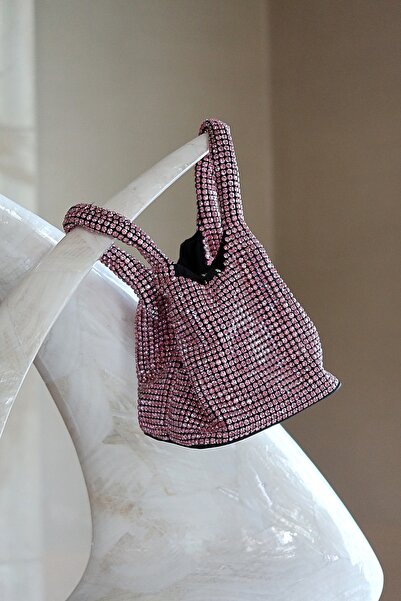 Moom Bag Women's Pink Stone Double Handle Chain Evening Bag