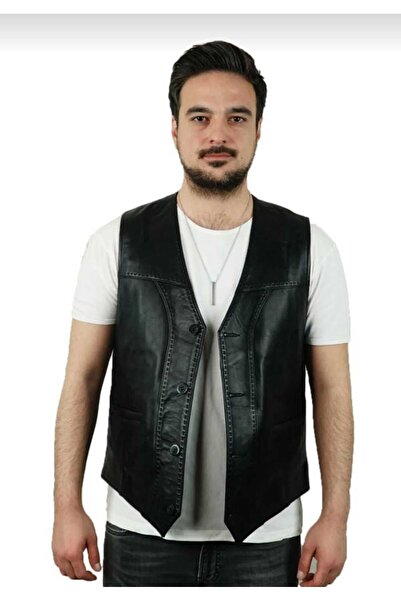 MİRENA LEATHER Erkek Hakiki Deri Yelek Nakış Detaylı