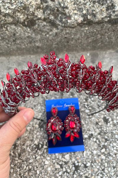 Hobigram Salome Burgundy Bridal Henna Crown Special Occasion Accessory Women's Crown and Three Shuttle Earrings Set