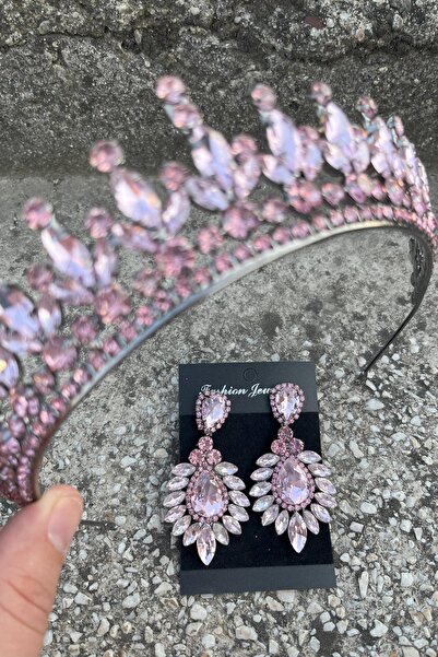 Hobigram Ivanna Pink Bridal Henna Crown Special Day Accessory Women's Crown and Wide Shuttle Earring Set