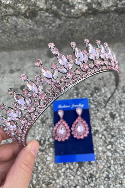 Hobigram Ivanna Pink Bridal Henna Crown Special Day Accessory Women's Crown and Drop Shuttle Earring Set