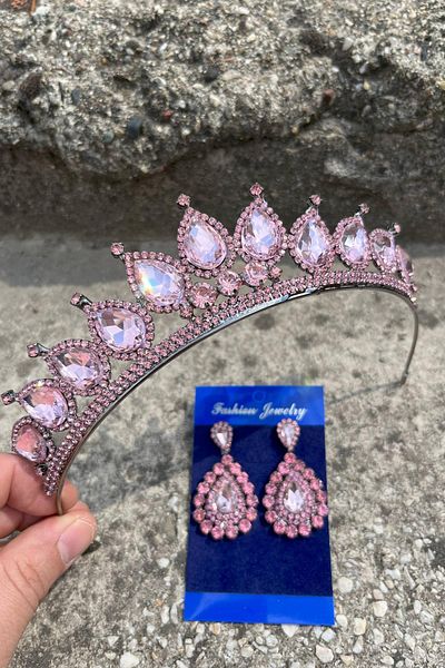 Hobigram Renata Pink Bridal Henna Crown Special Occasion Accessory Women's Crown and Drop Shuttle Earring Set