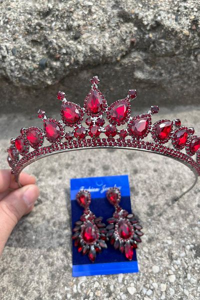 Hobigram Renata Burgundy Bridal Henna Crown Special Occasion Accessory Women's Crown and Wide Shuttle Earring Set