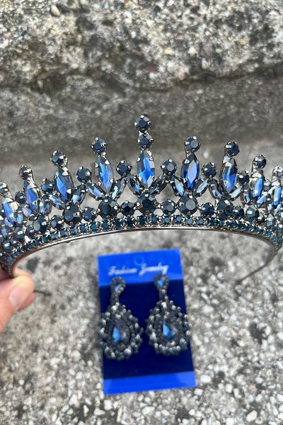 Hobigram Ivanna Navy Blue Bridal Henna Crown Special Occasion Accessory Women's Crown and Drop Shuttle Earring Set
