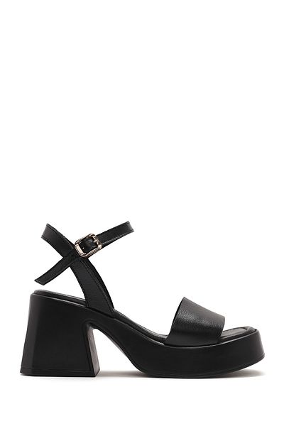Derimod Women's Black Ankle Buckle Thick Heeled Platform Leather Sandals 25Sfd131318